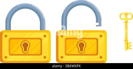 Immagine delle serrature dettagliate con serratura aperta e chiusa e chiave. Set di serratura e chiave in stile moderno. Illustrazione Vettoriale