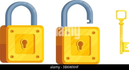 Immagine delle serrature dettagliate con serratura aperta e chiusa e chiave. Set di serratura e chiave in stile moderno. Illustrazione Vettoriale