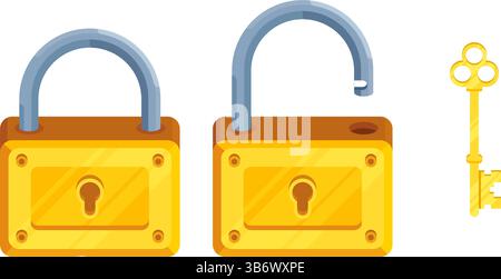 Immagine delle serrature dettagliate con serratura aperta e chiusa e chiave. Set di serratura e chiave in stile moderno. Illustrazione Vettoriale