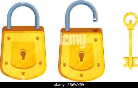Immagine delle serrature dettagliate con serratura aperta e chiusa e chiave. Set di serratura e chiave in stile moderno. Illustrazione Vettoriale