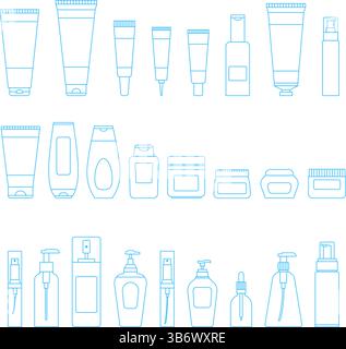 Collezione di illustrazioni di imballaggi per cosmetici in stile delineato. Tubi, spray, vasetti e altri imballaggi cosmetici in stile semplice. Illustrazione Vettoriale