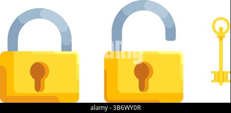 Immagine delle serrature dettagliate con serratura aperta e chiusa e chiave. Set di serratura e chiave in stile moderno. Illustrazione Vettoriale