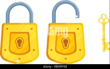 Immagine delle serrature dettagliate con serratura aperta e chiusa e chiave. Set di serratura e chiave in stile moderno. Illustrazione Vettoriale