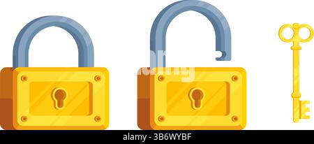 Immagine delle serrature dettagliate con serratura aperta e chiusa e chiave. Set di serratura e chiave in stile moderno. Illustrazione Vettoriale