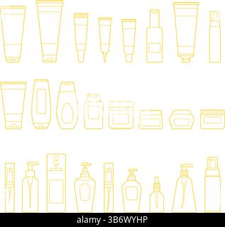 Collezione di illustrazioni di imballaggi per cosmetici in stile delineato. Tubi, spray, vasetti e altri imballaggi cosmetici in stile semplice. Illustrazione Vettoriale