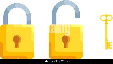 Immagine delle serrature dettagliate con serratura aperta e chiusa e chiave. Set di serratura e chiave in stile moderno. Illustrazione Vettoriale