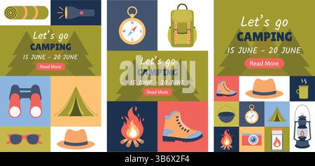 Campeggio. Set di poster, banner, cartelloni, volantini, modelli per social network Illustrazione Vettoriale