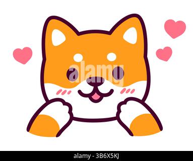 Carino cartone animato Shiba Inu che arrossisce con i cuori. Disegno adesivo cane Kawaii, illustrazione vettoriale. Illustrazione Vettoriale