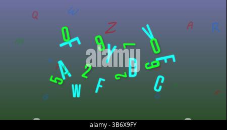Immagine di numeri e lettere che passano su sfondo blu e verde Foto Stock