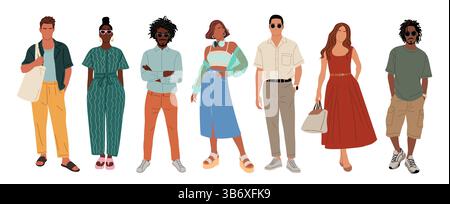 Set di eleganti uomini e donne con un outfit estivo casual Illustrazione Vettoriale