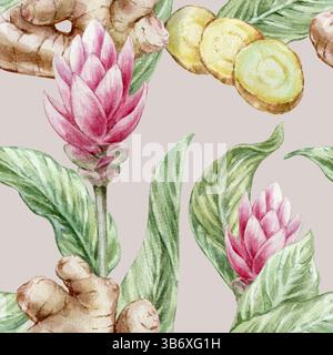 Motivo di acquerello botanico senza cuciture con foglie di zenzero e fiori rossi su sfondo beige Foto Stock