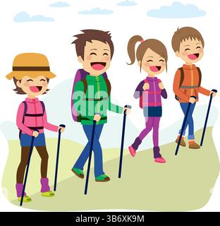 Famiglia felice che scalerà la montagna con i bastoni in una giornata di vacanza Illustrazione Vettoriale