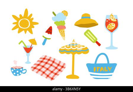Vacanze estive elementi da spiaggia . Viaggi in Italia. Illustrazione Vettoriale