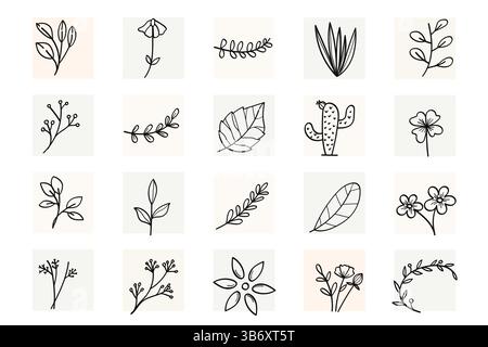 Collezione vintage Line Art Plants and Flowers.illustrazione vettoriale Illustrazione Vettoriale