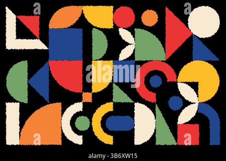 Un design vivace con forme geometriche astratte in colori vivaci su sfondo nero. Illustrazione Vettoriale