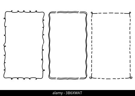 Collezione di cornici disegnate a mano e alla moda con linee ondulate e vortici . Illustrazione vettoriale art. Linea minimalista Illustrazione Vettoriale