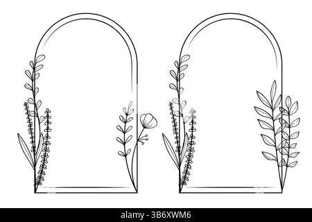 Una collezione di cornici floreali di colore nero disegnate a mano con vari design di piante, ideali per inviti, matrimoni o professionisti digitali ispirati alla natura Illustrazione Vettoriale