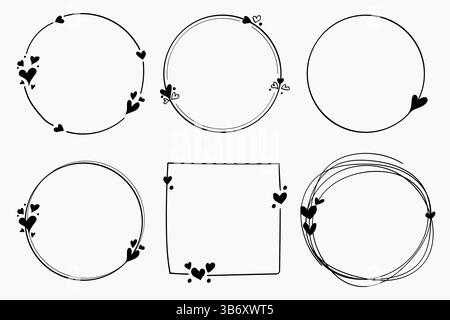 Collezione Doodle Hearts Circle e Rectangle Frame disegnata a mano.sfondo di San Valentino Illustrazione Vettoriale