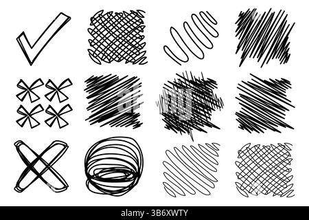 Scarabocchi disegnati a mano, forme e segni di spunta creati con una penna, mostrando vari motivi come croci, scoiattoli e tratti simili a una griglia. Illustrazione Vettoriale