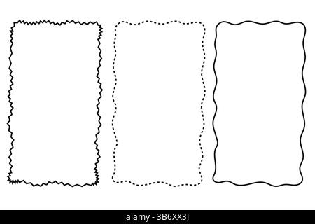 Collezione di cornici disegnate a mano e alla moda con linee ondulate e vortici . Illustrazione vettoriale art. Linea minimalista Illustrazione Vettoriale