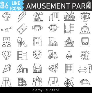 Set di icone della linea del parco divertimenti: 36 illustrazioni in stile Thin Line di Carnevale, parco giochi e attività di intrattenimento. Perfetto per UI, Web e Stampa Illustrazione Vettoriale
