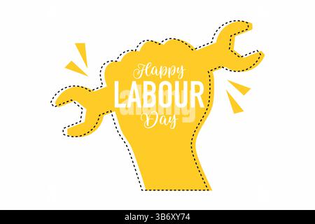 Sagoma di pugno con chiave, poster con scritta a mano composizione del primo maggio in occasione della festa del lavoro Illustrazione Vettoriale