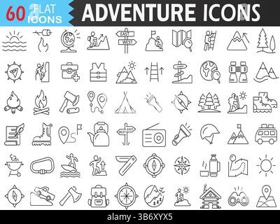 Set di icone Adventure Line: Comprende arrampicata, escursioni, montagne, campeggio, navigazione, e molto altro ancora. Raccolta vettoriale traccia sottile per Illustrator. Modificabile Illustrazione Vettoriale