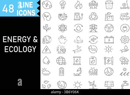Set di icone modificabili della linea energia ed ecologia. Raccolta dei simboli energia sostenibile, natura, riciclaggio, trasporto ecologico e pianeta verde. Vettori. Illustrazione Vettoriale