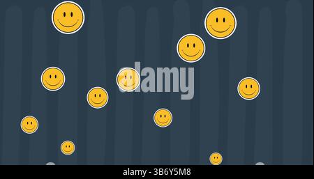 Immagine di icone emoji sorridenti sui social media su sfondo grigio Foto Stock