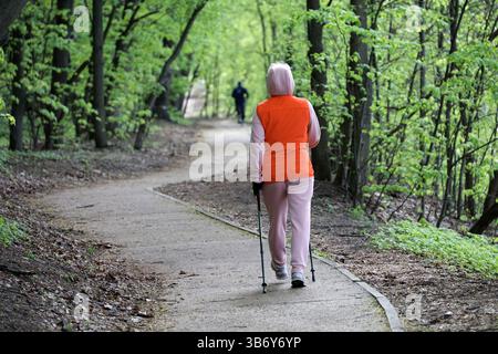 Nordic Walking in primavera, donna con bastoni che indossano abbigliamento sportivo, cammina nel parco sullo sfondo di alberi verdi Foto Stock