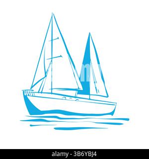 Lo yacht a vela galleggia sulle onde. Piccola nave per attività ricreative e viaggi. Schizzo del contorno di colore blu. Disegno a mano isolato su sfondo bianco. Illustrazione vettoriale Illustrazione Vettoriale