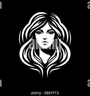 Bianco e nero donna viso Vector Ritratto femminile stilizzato con lunghi capelli fluenti in tatuaggio o stile Logo Illustrazione Vettoriale