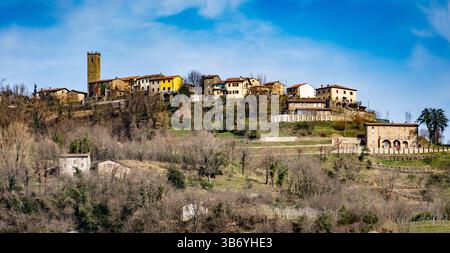 Un pittoresco villaggio collinare con un mix di architettura tradizionale e moderna. La scena presenta una torre, diverse case e una vegetazione lussureggiante sotto Foto Stock