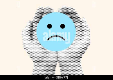 Illustrazione astratta che rappresenta le lotte per la salute mentale e la tristezza emotiva con un volto triste blu tenuto da mani protettive Illustrazione Vettoriale