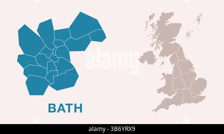 Mappa dettagliata della città di Bath, Regno Unito con la posizione evidenziata sulla mappa del Regno Unito. Mappa vettoriale del Regno Unito con divisioni regionali, isolata sullo sfondo. Illustrazione Vettoriale