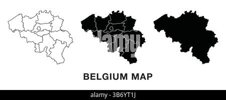 Set di mappe del Belgio con divisioni amministrative, contorno e sagoma. Vettore modificabile per infografiche, presentazioni e uso didattico. Illustrazione Vettoriale