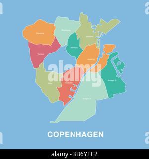 Mappa colorata di Copenaghen, Danimarca, con distretti amministrativi etichettati. Illustrazione vettoriale isolata su sfondo blu. Illustrazione Vettoriale