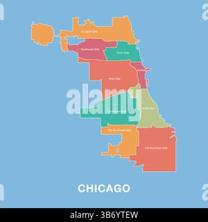 Mappa colorata di Chicago, Stati Uniti, con distretti amministrativi etichettati. Illustrazione vettoriale isolata su sfondo blu. Illustrazione Vettoriale