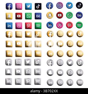 Icone dei social media 3D Pack Logo di app HD lucide per Instagram, Facebook, YouTube e altro ancora Illustrazione Vettoriale