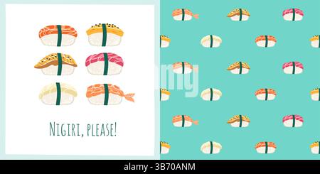 Sushi Nigiri con salmone, omelette di anguilla, tonno e gamberi, set di cartoni animati di pesce bianco e motivo senza cuciture. Cucina tradizionale asiatica e giapponese con un background sconfinato. Modello di involucro con design vettoriale senza fine per frutti di mare Illustrazione Vettoriale