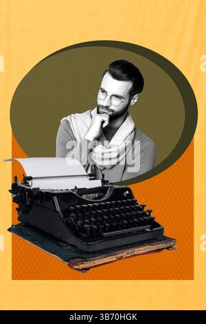 Trend ArtWork banner sketch collage fotografico 3D di ritratti giovane uomo pensare autore scrittura macchina da scrivere report stampa corrispondente Foto Stock