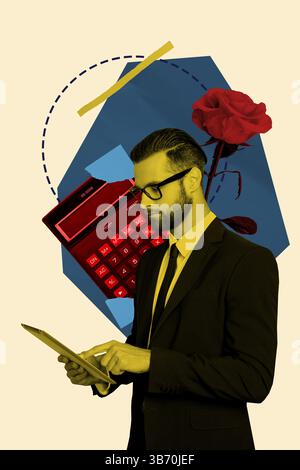 Modello di collage 3D grafica di tendenza schizzo di un giovane uomo d'affari con tablet calcolatrice economia rosa dono risorse umane Foto Stock