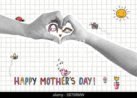Carino biglietto d'auguri per la festa della mamma con disegni disegnati a mano per bambini, volti carini di mamma e figlia, sfondo collage a mezza tonalità Illustrazione Vettoriale