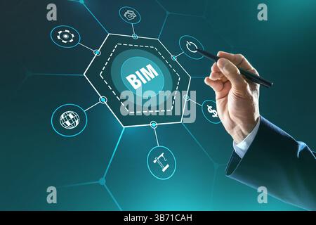 Modellazione delle informazioni di costruzione. Uomo che utilizza lo schermo virtuale con l'abbreviazione BIM e diverse icone, primo piano Foto Stock
