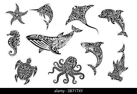 Set di tatuaggi Maori con animali marini tribali con silhouette nere di creature oceaniche con motivi vorticosi. Squalo vettoriale, stella, balena, delfino e mare h Illustrazione Vettoriale