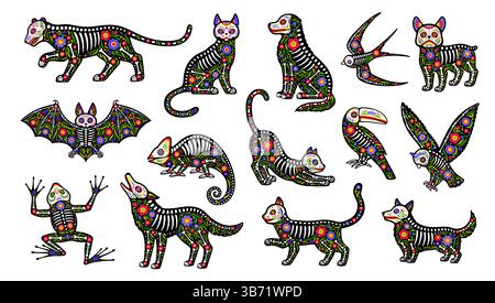 Tatuaggio di scheletro animale del giorno messicano del cranio di zucchero morto gatto, gufo, pipistrello, rana e lupo. Cane, camaleonte, uccello, tucano e pappagallo. Vector dia de los muertos creature con motivi floreali e ossa Illustrazione Vettoriale