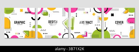 Layout di copertura quadrati Memphis con motivo a linee vettoriali di elementi grafici astratti moderni. Forme geometriche quadrate, circolari e triangolari a colori, linee ondulate, croci e punti per gli sfondi di memphis Illustrazione Vettoriale