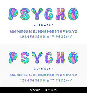 Carattere psichedelico, caratteri hippie goffi, lettere di tipo trippy e numeri dell'alfabeto inglese. Tipografia vettoriale di font hippy, caratteri abc con colori acidi psichedelici motivo ondulato Illustrazione Vettoriale