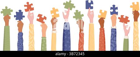 Mani multiculturali con Jigsaw Puzzle Illustrazione Vettoriale