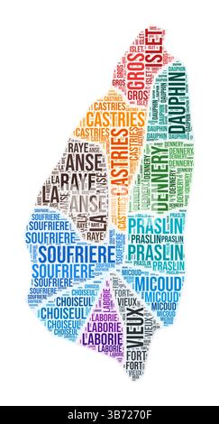Nuvola di parole della regione di Santa Lucia. Design a forma di paese. Illustrazione a colori di Santa Lucia. Fumetto collage nomi regione. Illustrazione vettoriale. Illustrazione Vettoriale